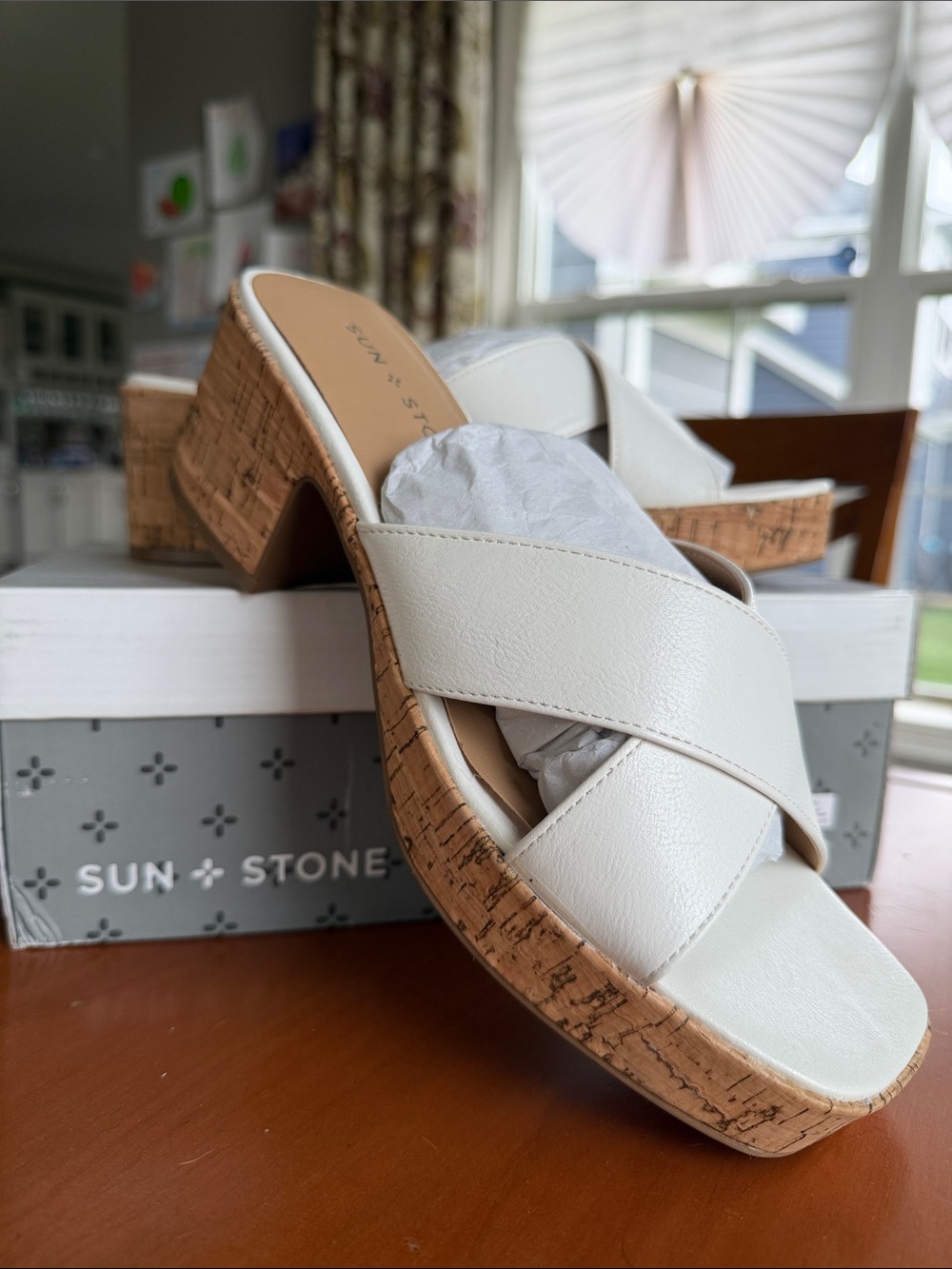 Sun + Stone White Cork Cross-Strap Block Heel Sandals Womens Sz 8.5